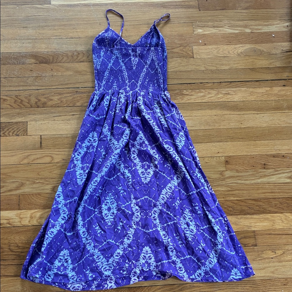 Rebecca Taylor Silk Midi Sun Dress Size 0 Smocked Purple Tie Dye Wedding Guest - Picture 12 of 12